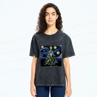 Tokyo-Tiger Christmas Tree Under The Starry Night Washed T-Shirt
