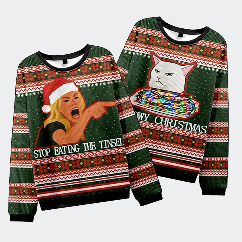 Tokyo-Tiger Stop Eating The Tinsel Cat Couple Christmas Ugly Sweatshirt