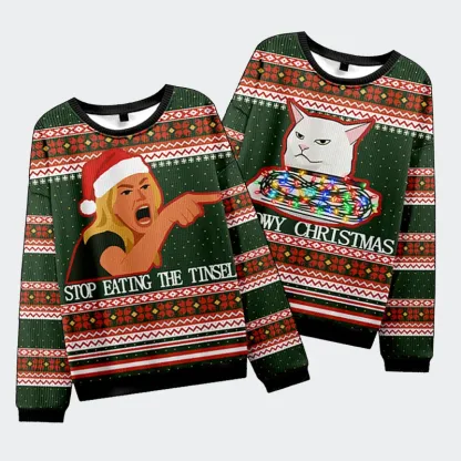 Tokyo-Tiger Stop Eating The Tinsel Cat Couple Christmas Ugly Sweatshirt