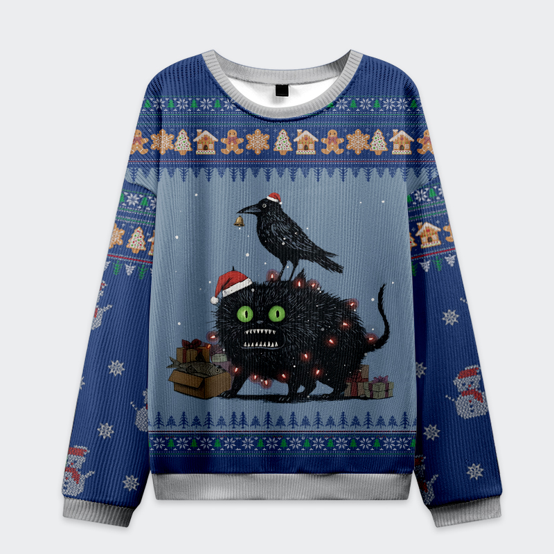 Tokyo-Tiger Christmas Chaos: Cat, Crow And Fish Unite Christmas Ugly Sweatshirt