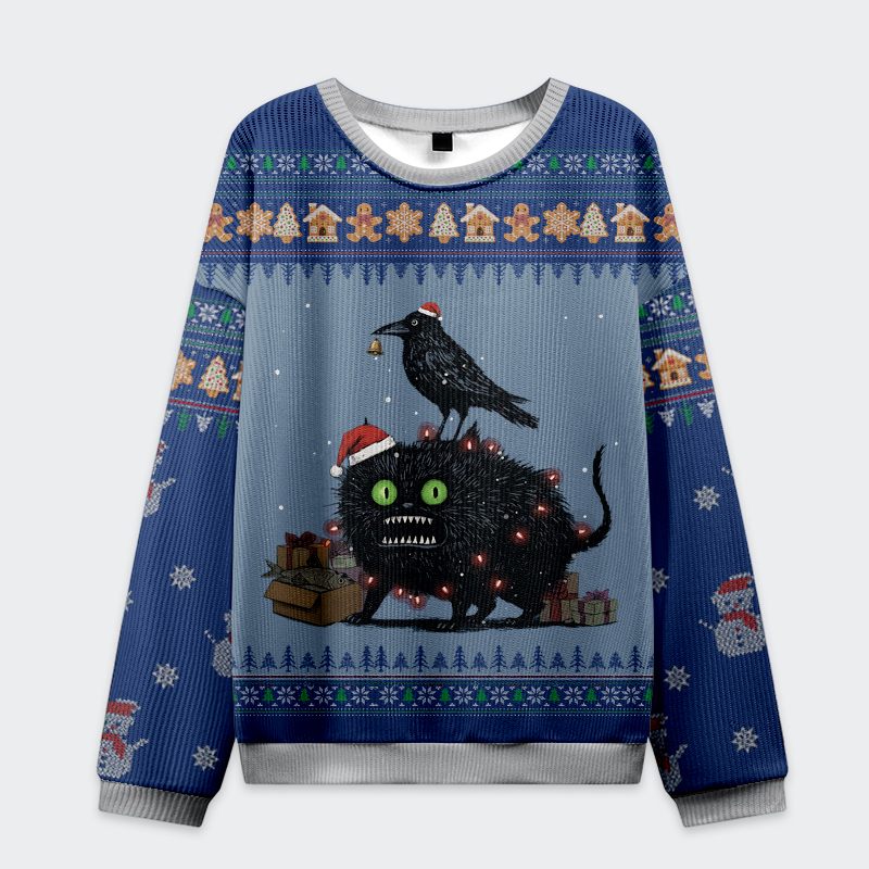 Tokyo-Tiger Christmas Chaos: Cat, Crow And Fish Unite Christmas Ugly Sweatshirt