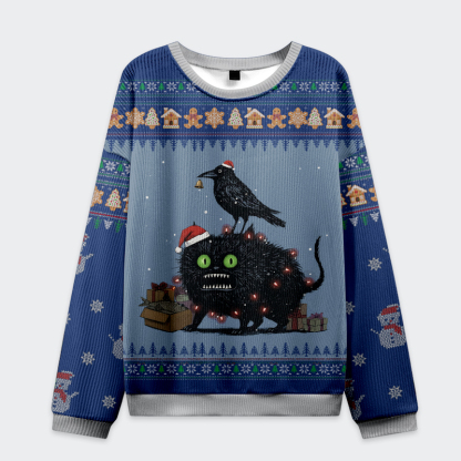 Tokyo-Tiger Christmas Chaos: Cat, Crow And Fish Unite Christmas Ugly Sweatshirt