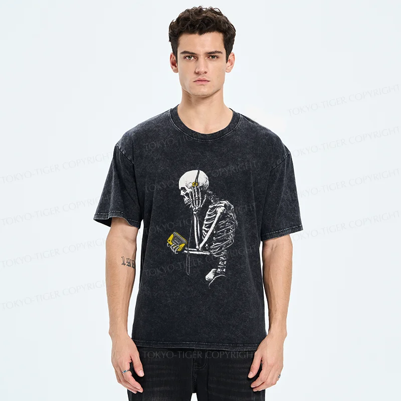 Tokyo-Tiger Skeleton Listening To Music Washed T-Shirt