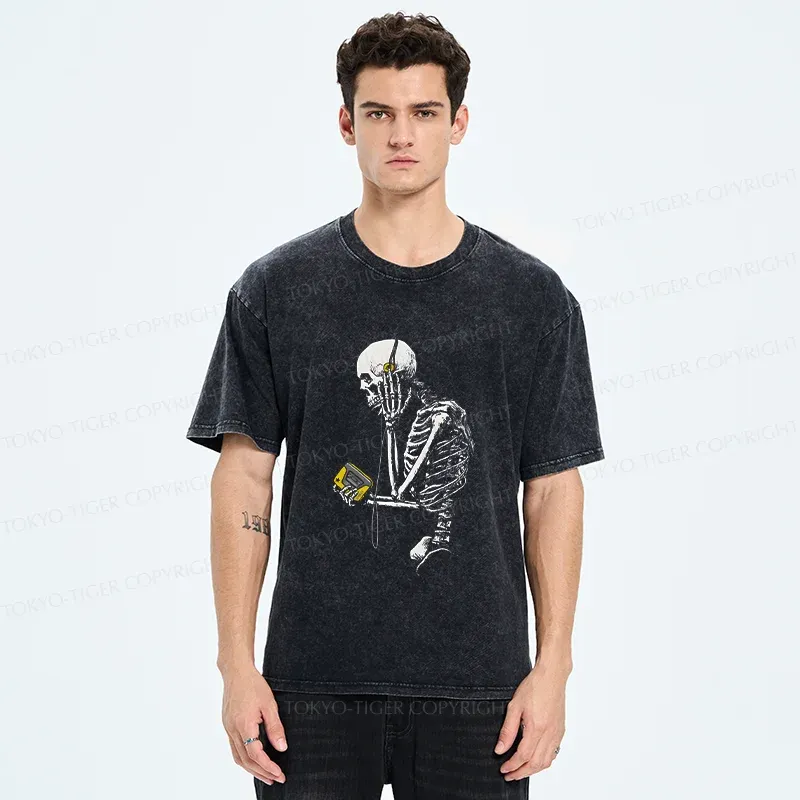 Tokyo-Tiger Skeleton Listening To Music Washed T-Shirt