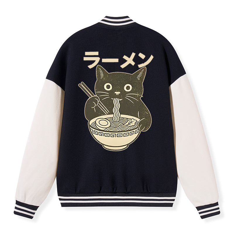 Tokyo-Tiger Simple Black Cat Eating Ramen Embroidery Varsity Jacket