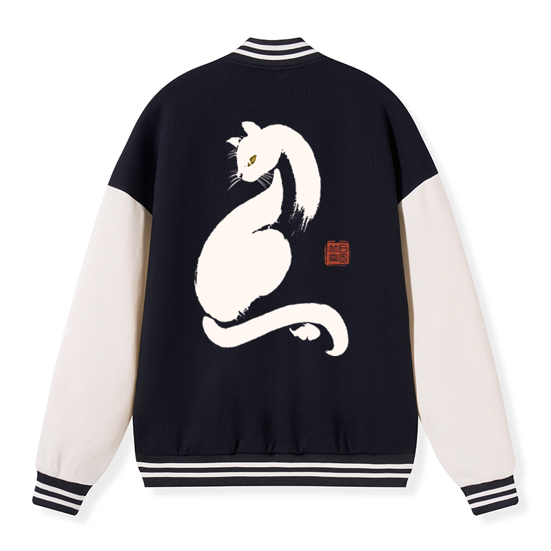 Tokyo-Tiger Elegant Black Cat Japan Embroidery Varsity Jacket