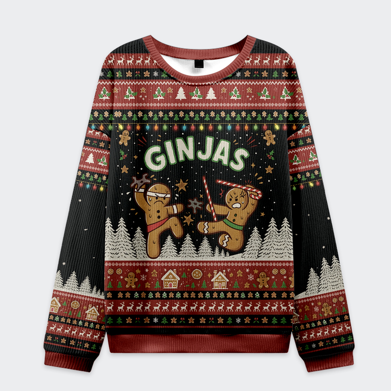 Tokyo-Tiger Gingerbread Ninjas In Battle Christmas Ugly Sweatshirt