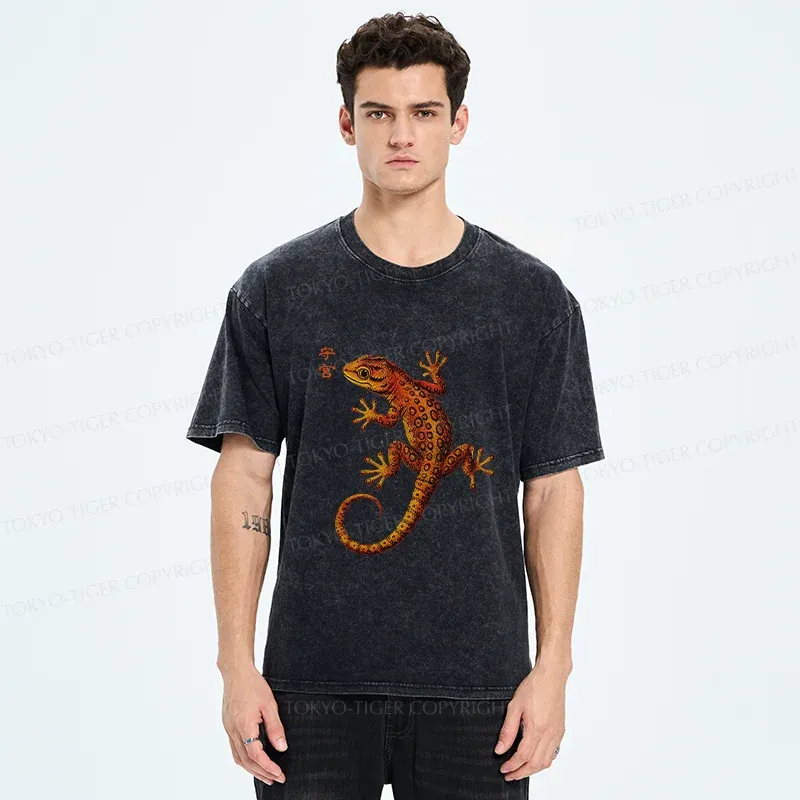 Tokyo-Tiger Retro Gecko Funny Washed T-Shirt