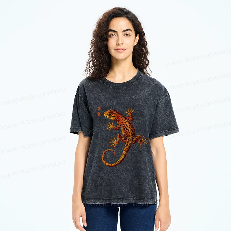 Tokyo-Tiger Retro Gecko Funny Washed T-Shirt