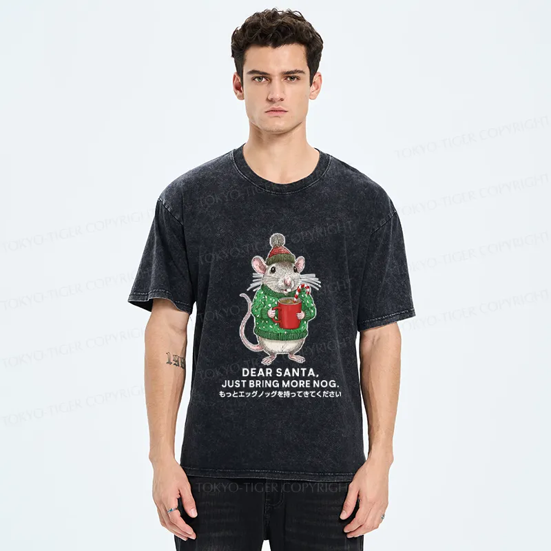 Tokyo-Tiger Nog-Loving Holiday Mouse Washed T-Shirt