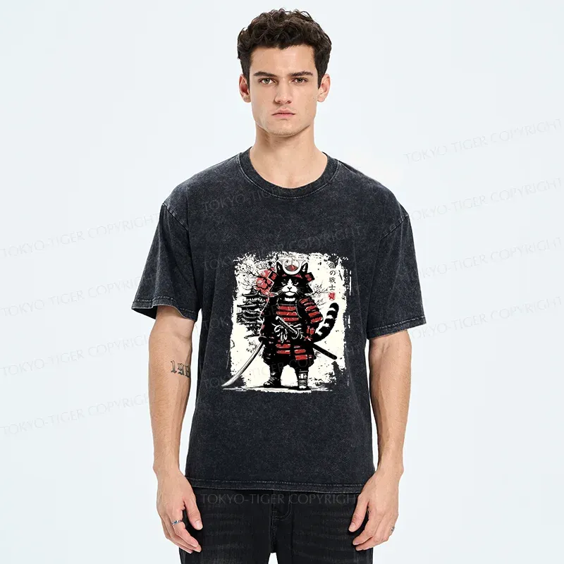 Tokyo-Tiger Retro Cat Japanese Samurai Washed T-Shirt