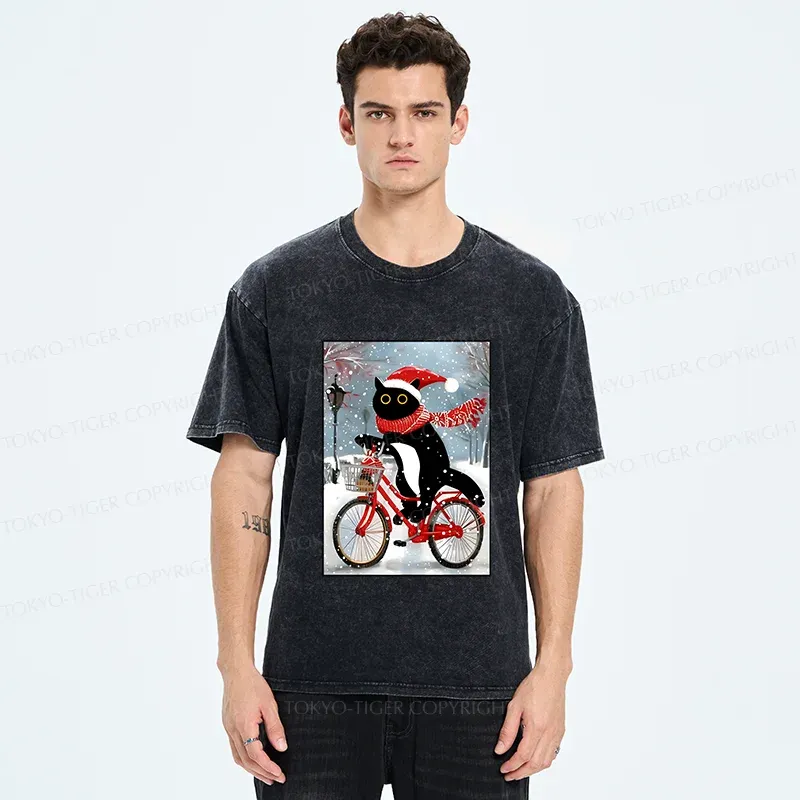 Tokyo-Tiger Black Cat Riding A Bicycle Washed T-Shirt