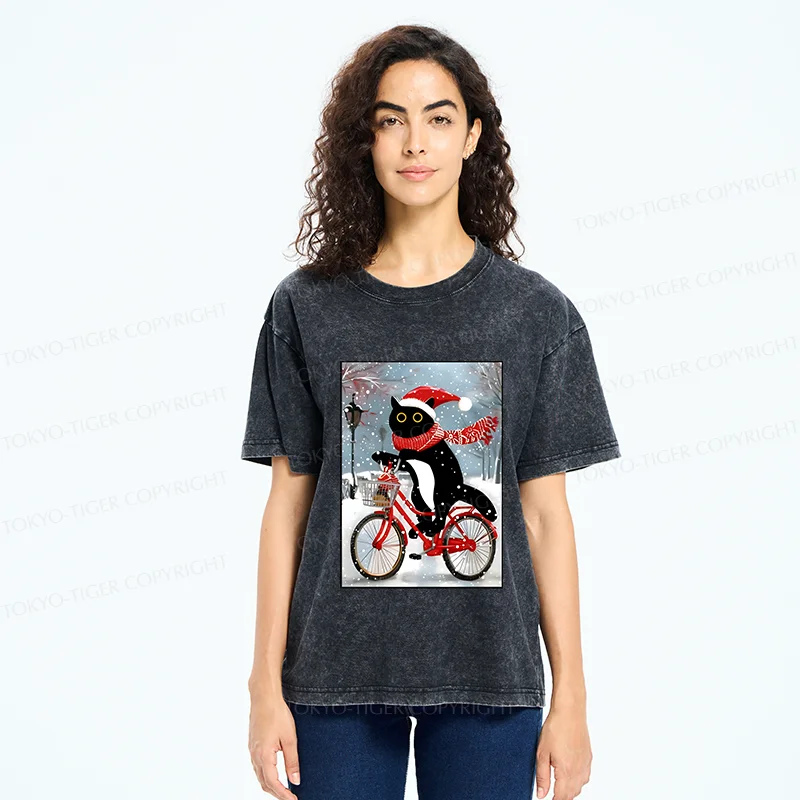 Tokyo-Tiger Black Cat Riding A Bicycle Washed T-Shirt
