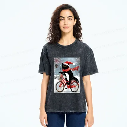 Tokyo-Tiger Black Cat Riding A Bicycle Washed T-Shirt