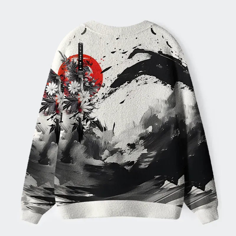 Tokyo-Tiger Ink Wave Ugly Cardigan Sweater