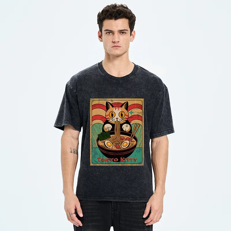 Tokyo-Tiger Retro Cat Eating Ramen Japan Washed T-Shirt