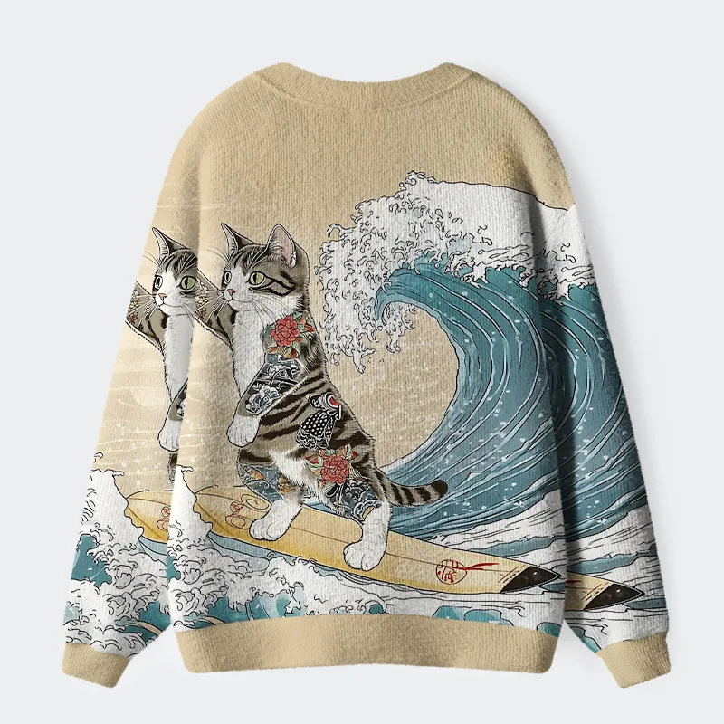 Tokyo-Tiger Cat Surfing Ugly Cardigan Sweater