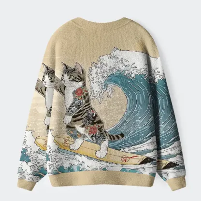 Tokyo-Tiger Cat Surfing Ugly Cardigan Sweater