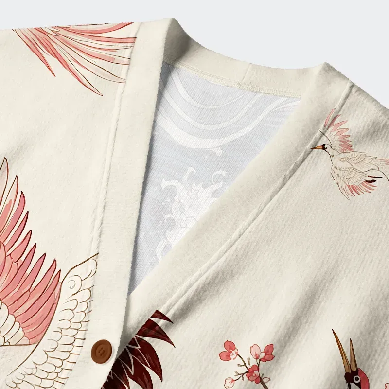 Tokyo-Tiger Cranes Dancing On The Waves Ugly Cardigan Sweater