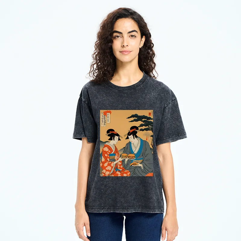 Tokyo-Tiger Geisha Eating Burgers Washed T-Shirt