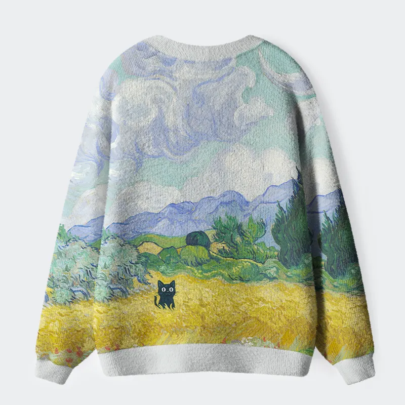 Tokyo-Tiger Black Cat In The Wheat Field Ugly Cardigan Sweater