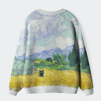 Tokyo-Tiger Black Cat In The Wheat Field Ugly Cardigan Sweater