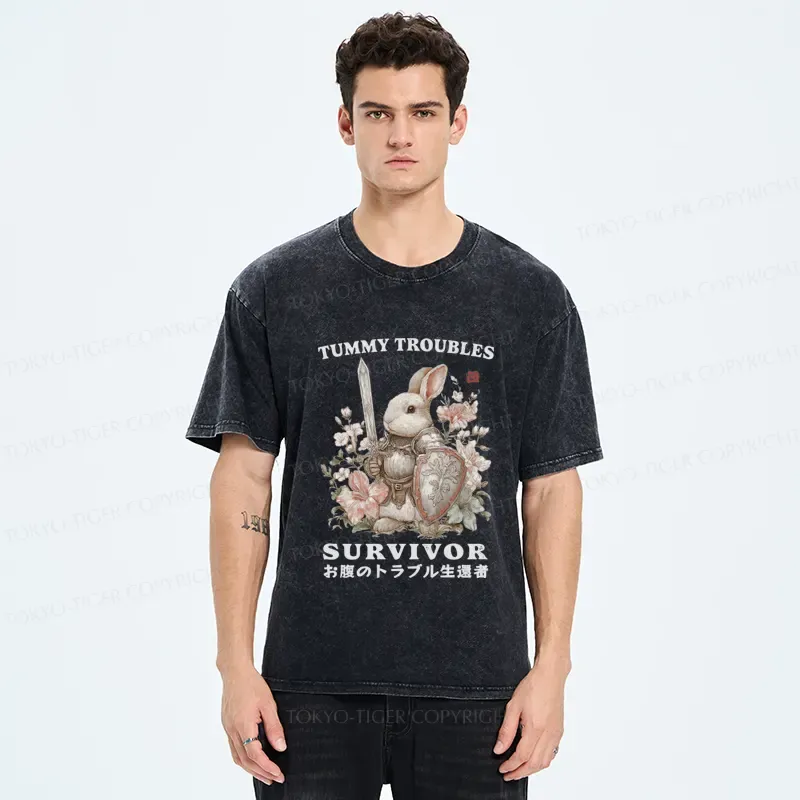 Tokyo-Tiger Funny Rabbit：Tummy Troubles Survivor Washed T-Shirt