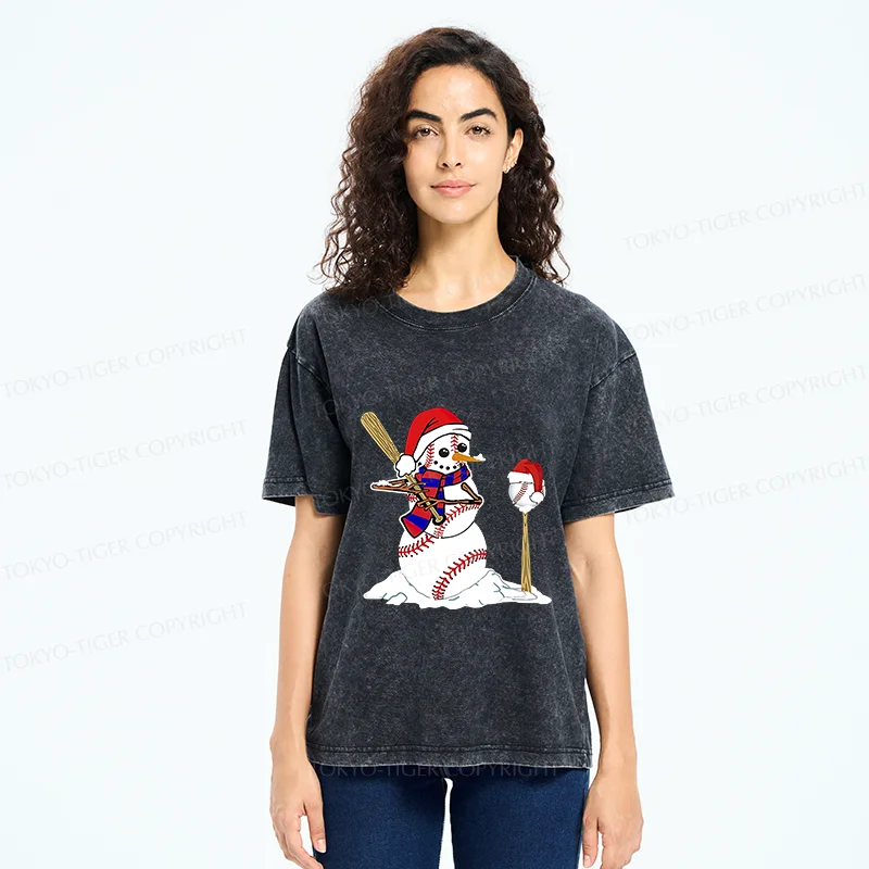 Tokyo-Tiger Snowman Playing Baseball Washed T-Shirt