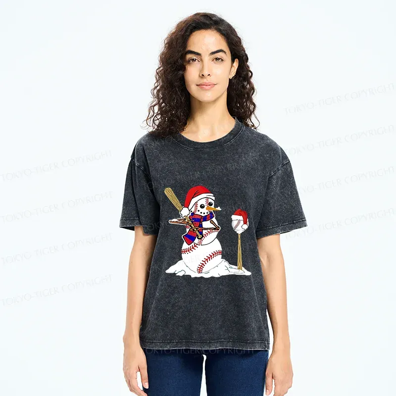 Tokyo-Tiger Snowman Playing Baseball Washed T-Shirt