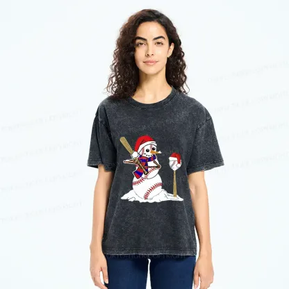 Tokyo-Tiger Snowman Playing Baseball Washed T-Shirt