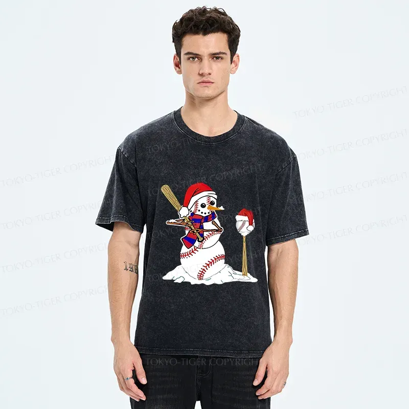 Tokyo-Tiger Snowman Playing Baseball Washed T-Shirt