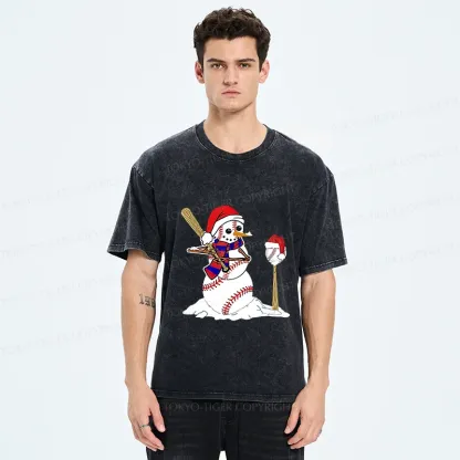 Tokyo-Tiger Snowman Playing Baseball Washed T-Shirt
