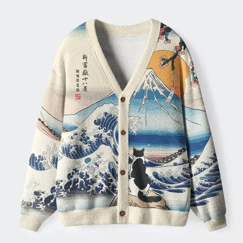 Tokyo-Tiger Cat Looking At The Great Wave Ugly Cardigan Sweater