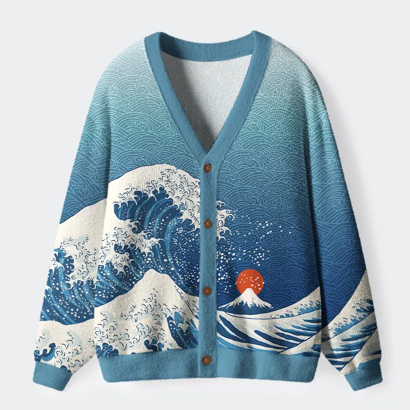 Tokyo-Tiger The Great Wave Off Fuji Ugly Cardigan Sweater