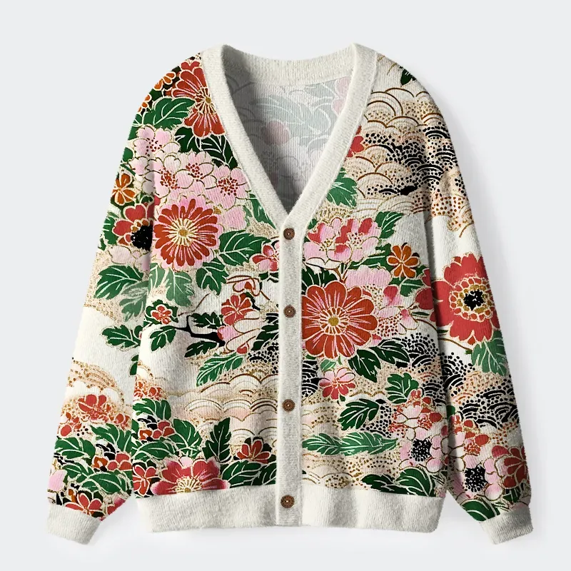Tokyo-Tiger Floral Splendor Ugly Cardigan Sweater