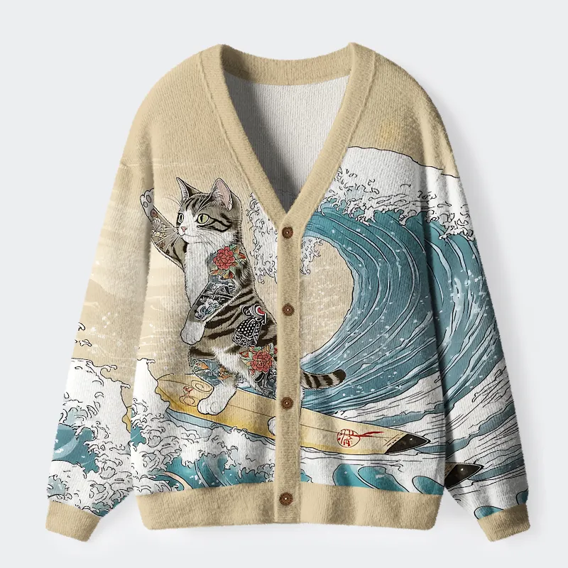 Tokyo-Tiger Cat Surfing Ugly Cardigan Sweater
