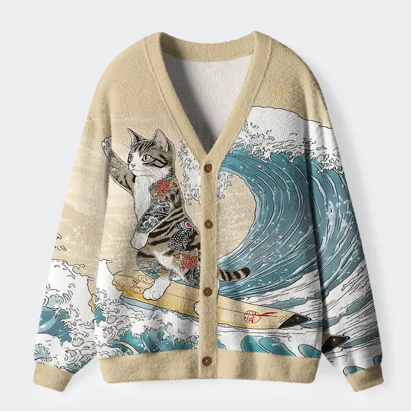 Tokyo-Tiger Cat Surfing Ugly Cardigan Sweater