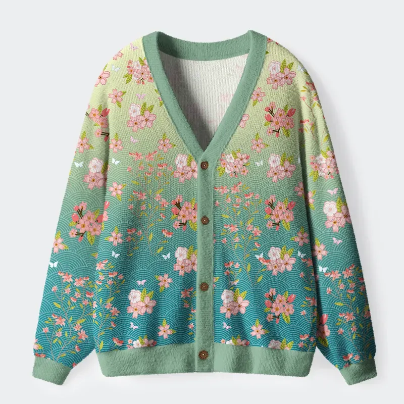 Tokyo-Tiger Sakura Blossom Waves Ugly Cardigan Sweater