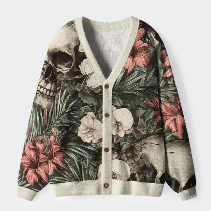 Tokyo-Tiger Skulls And Blooms Ugly Cardigan Sweater