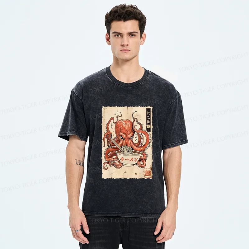 Tokyo-Tiger Retro Octopus Eating Ramen Washed T-Shirt
