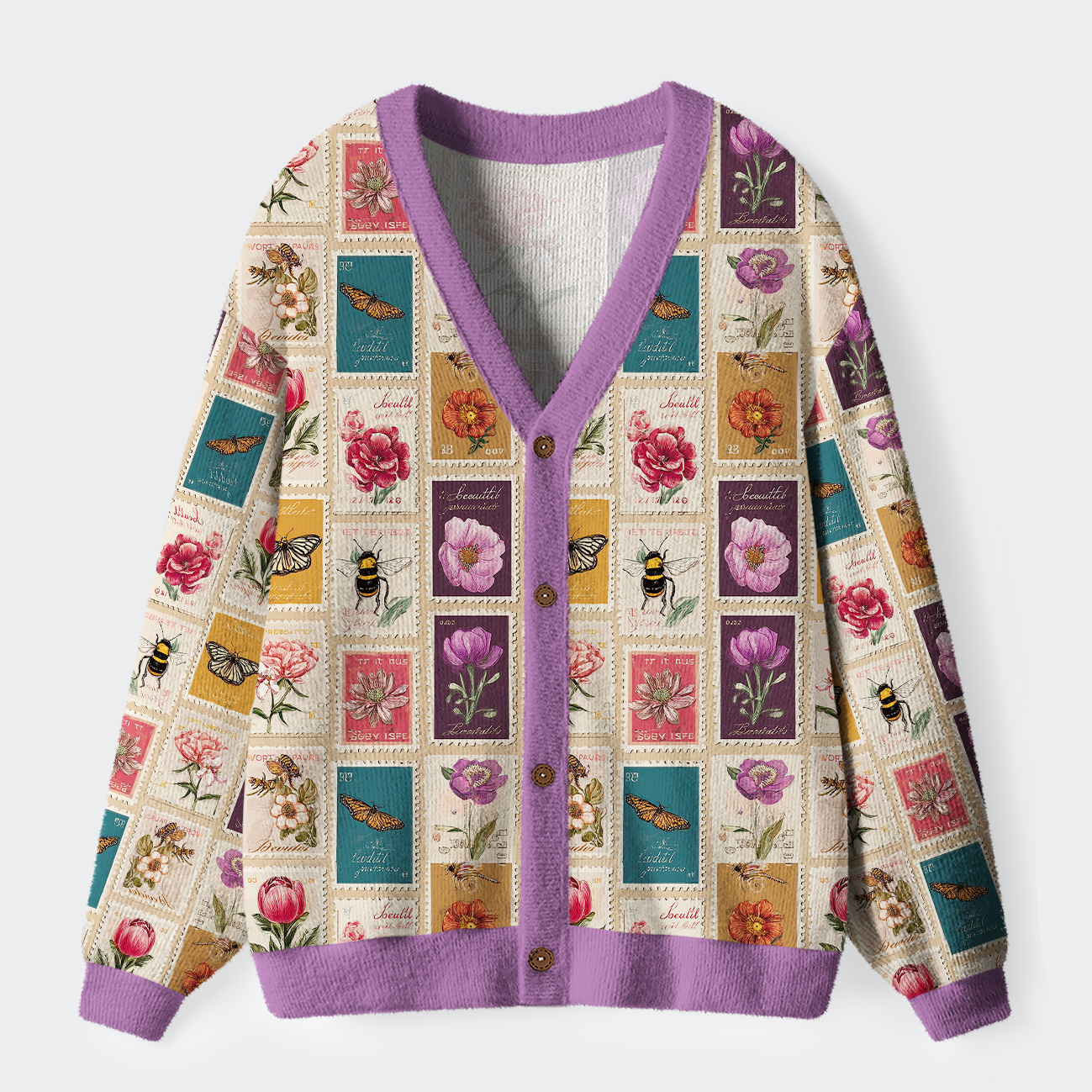 Tokyo-Tiger Vintage Floral Stamp Collage Ugly Cardigan Sweater