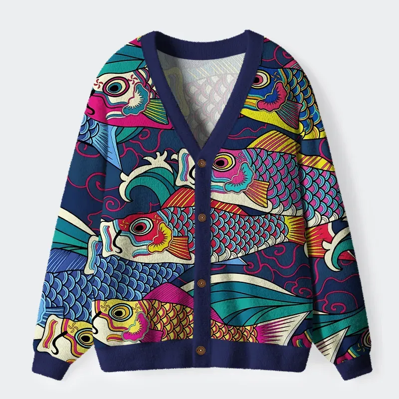 Tokyo-Tiger Colorful Japanese Koinobori Ugly Cardigan Sweater