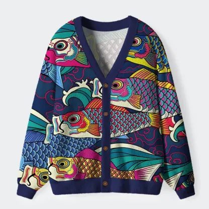Tokyo-Tiger Colorful Japanese Koinobori Ugly Cardigan Sweater