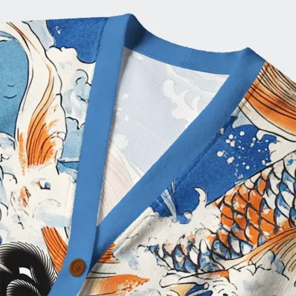 Tokyo-Tiger Sumo Wrestler Holding A Koi Ugly Cardigan Sweater