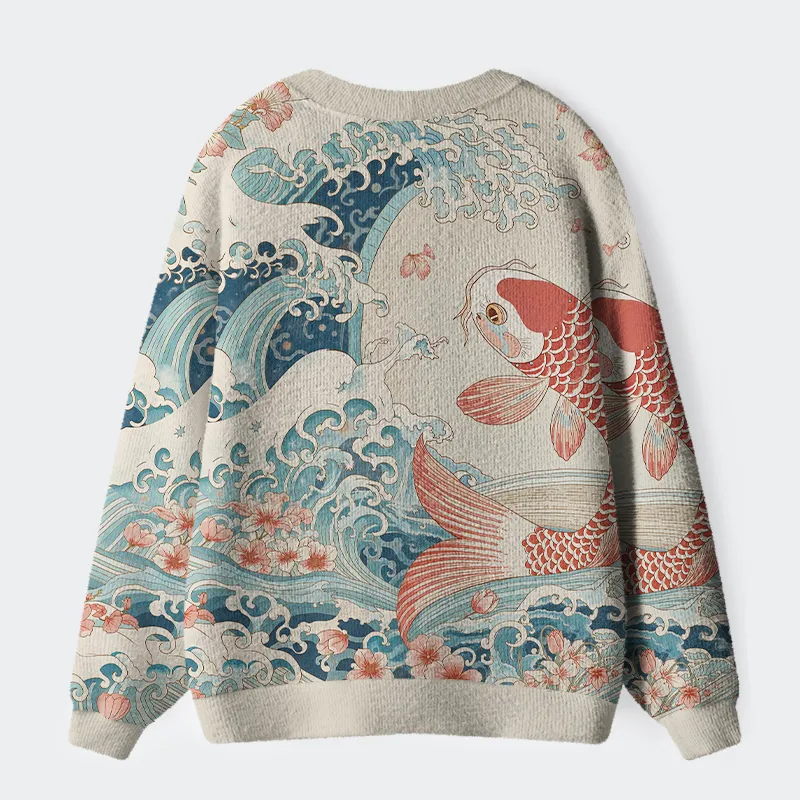 Tokyo-Tiger Koi With Sakura Waves Ugly Cardigan Sweater