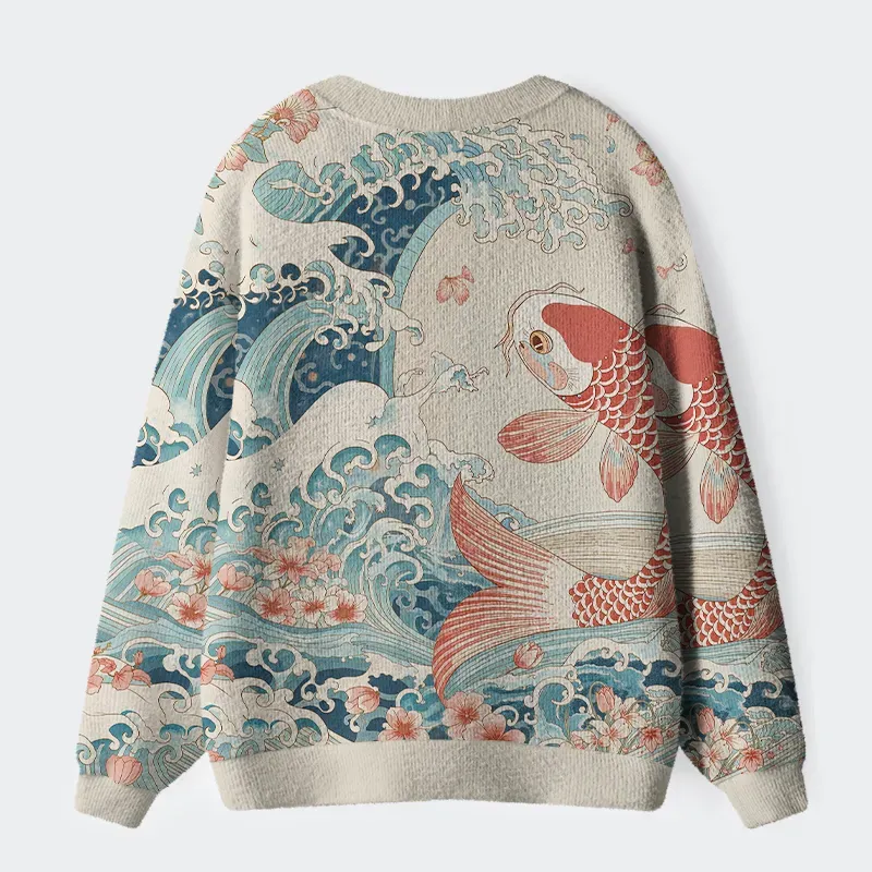 Tokyo-Tiger Koi With Sakura Waves Ugly Cardigan Sweater