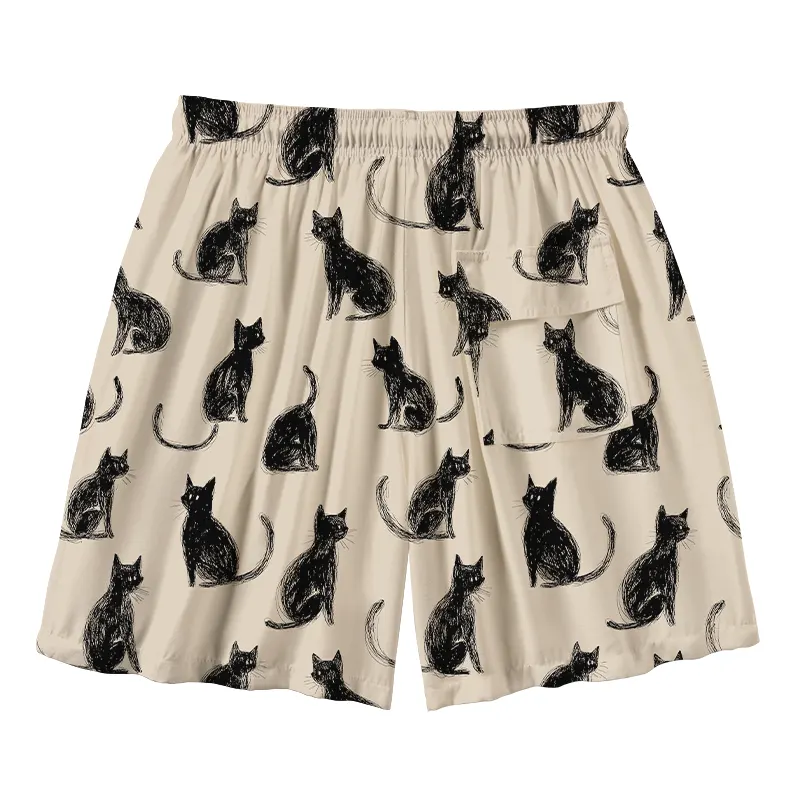 Tokyo-Tiger Black Cat Beige Aloha Mens Swim Trunks