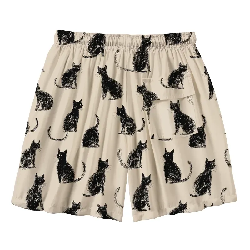 Tokyo-Tiger Black Cat Beige Aloha Mens Swim Trunks