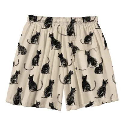 Tokyo-Tiger Black Cat Beige Aloha Mens Swim Trunks