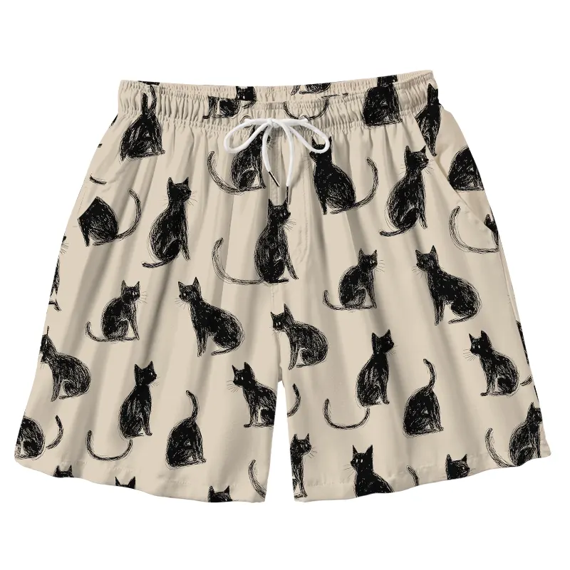 Tokyo-Tiger Black Cat Beige Aloha Mens Swim Trunks